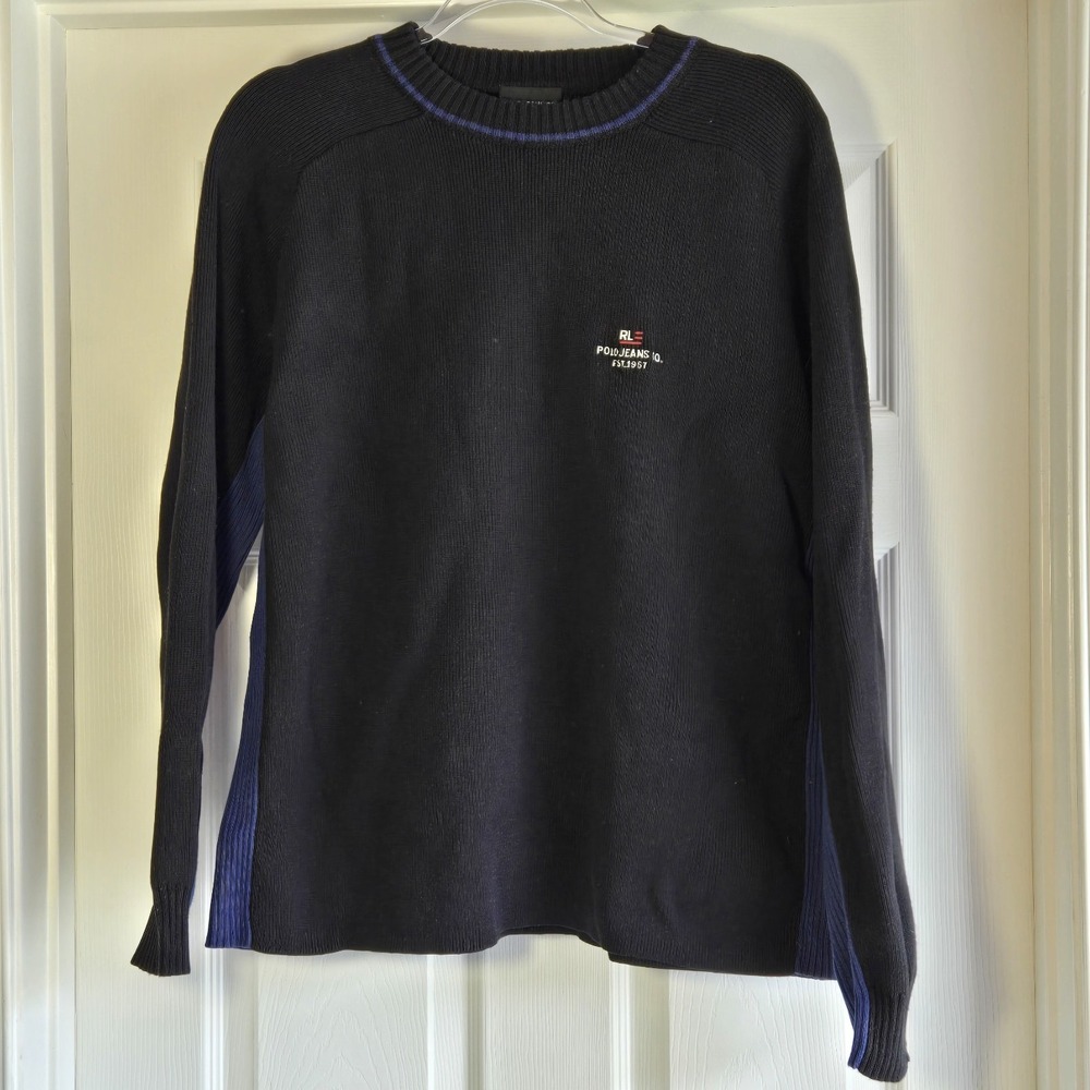 Polo Jeans Co Ralph Lauren Vintage Men's Sweater Size L Black With Blue Stripe